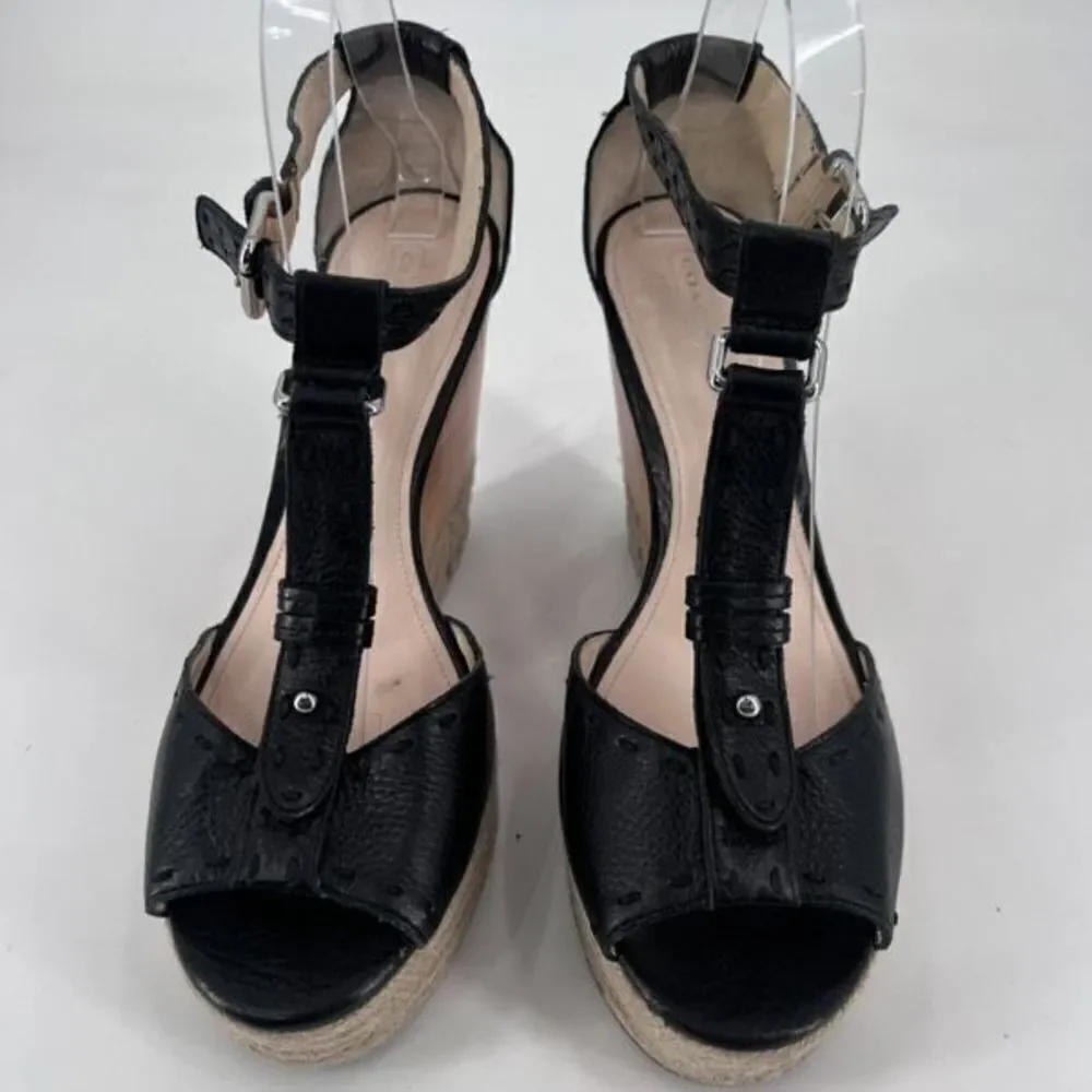 Coach Gala Black Leather Wedges Espadrille Wood Size 10 Peep toe T Strap Sandals